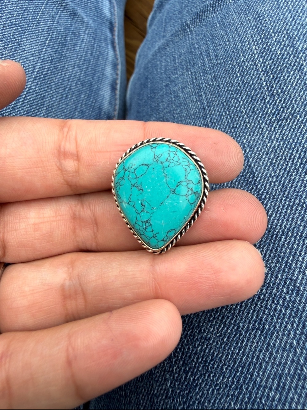 Native Navajo Stamped 925 Turquoise Teardrop Silver Ring - Women's Jewelry